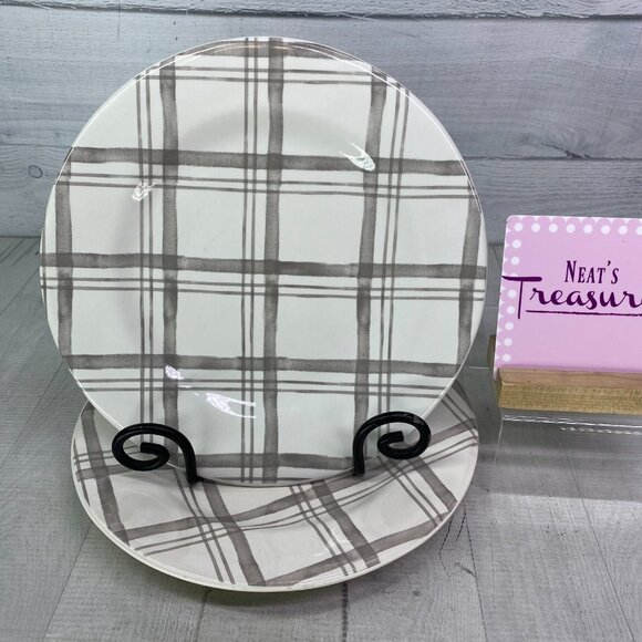 Pier 1 LINEN CHECK Gray Check Plaid Ironstone Round 11" Dinner Plates Set 2 FLAW - Picture 1 of 16